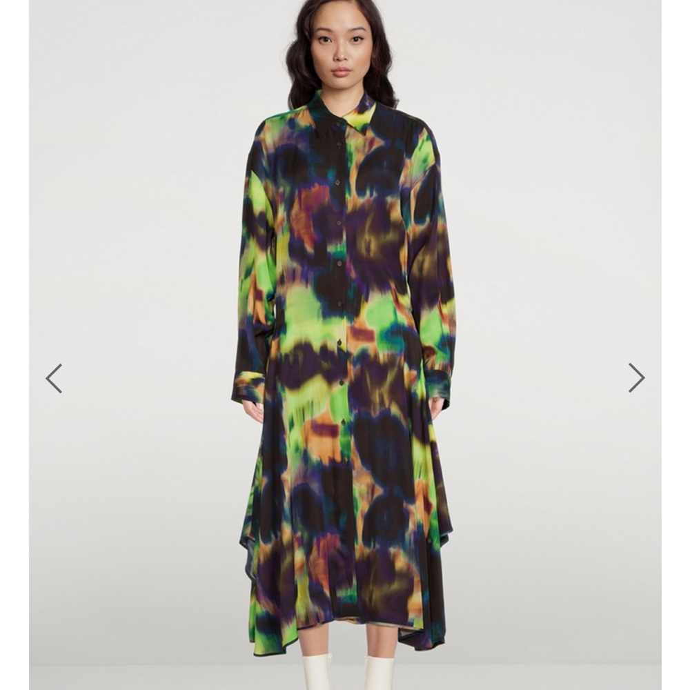Dries Van Noten Green and Black Watercolor Asymmetrical Shirt Dress